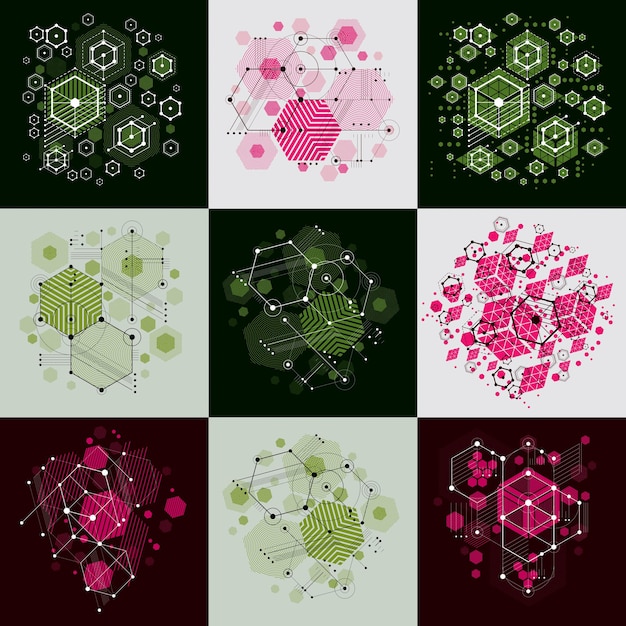 Conjunto de fondos vectoriales Bauhaus modulares, creados a partir de figuras geométricas simples como círculos y hexágonos. Lo mejor para usar como póster publicitario o diseño de pancartas.