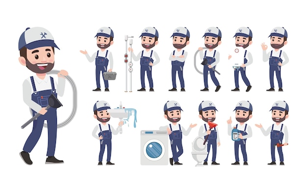 Conjunto de fontanero con diferentes poses.