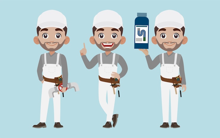 Vector conjunto de fontanero con diferentes poses.