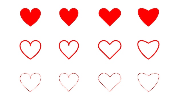 Conjunto de forma de corazón rojo con estilo diferente aislado sobre fondo blanco para la decoración de diseño gráfico