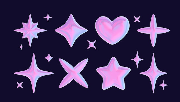 Conjunto de formas 3D en cromo que incluyen una estrella líquida rosada y una pegatina de corazón brillante