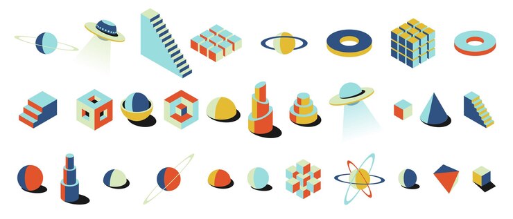 Conjunto de formas 3D isométricas audaces en estilo brutalista retro formas geométricas coloridas como planetas ovnis