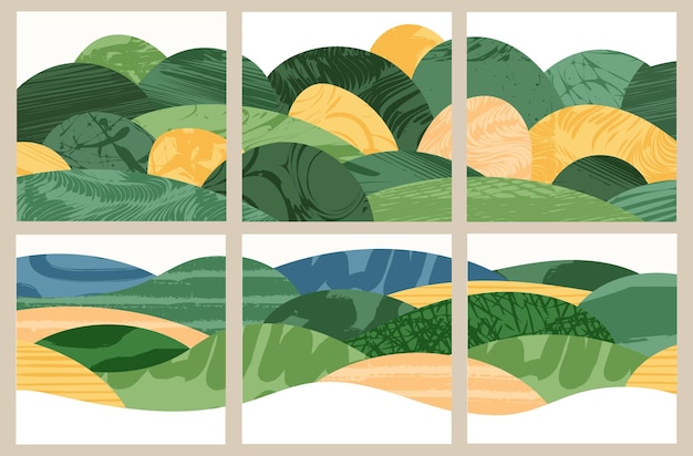 Conjunto de formas abstractas campo verde desde vista aérea colección de carteles de paisaje de campo de verano minimalista textura de grunge de vista rural elementos de diseño para fondo de tarjeta de plantilla de publicación de redes sociales