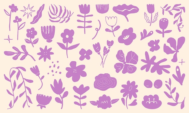 Conjunto de formas abstractas de flores y hojas recortadas en papel. Formas dibujadas a mano y elementos de diseño de garabatos.