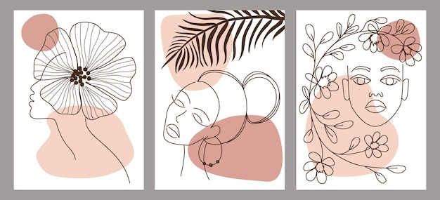 Conjunto de formas abstractas de una línea pintadas a mano creativas Iconos vectoriales minimalistas mujer retrato flores hojas ramas Para postal cartel cartel folleto diseño de portada webx9