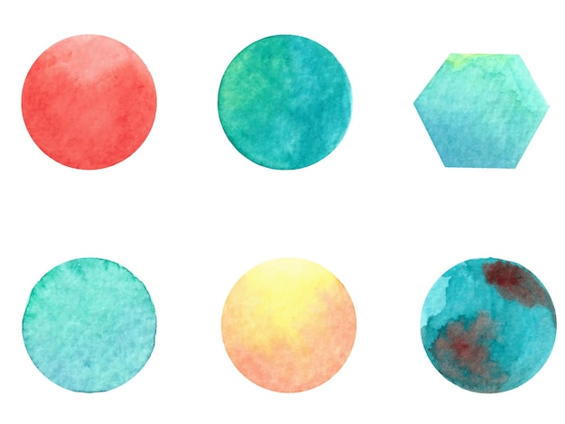 Conjunto de formas de acuarela Manchas de acuarelas Conjunto de círculos pintados a mano de acuarela de colores