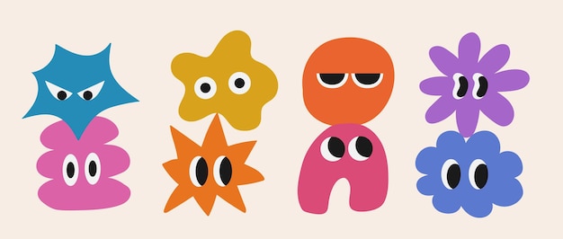 Conjunto de formas básicas abstractas con un ojo grande dibujado a mano de estilo plano de moda Sticker de carácter de colección