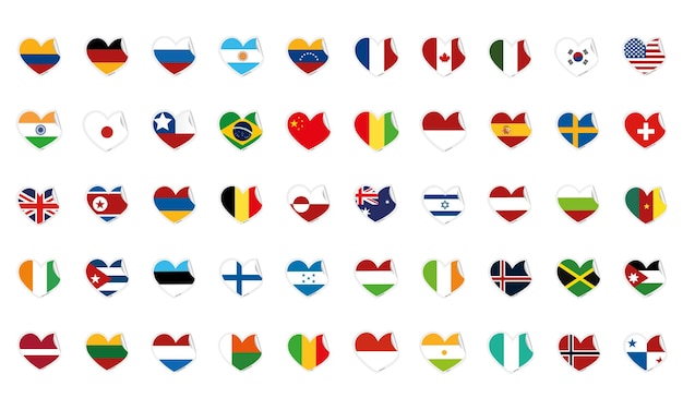 Conjunto de formas de corazón con diferentes banderas ilustración vectorial