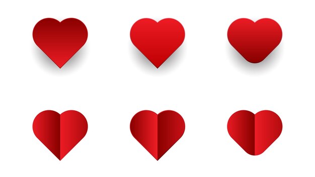 Conjunto de formas de corazón de estilo de papel en la ilustración de vector de color rojo