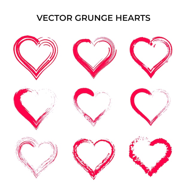 Conjunto Formas Corazón Grunge Estilo Trazo Pincel Vector Color Rojo