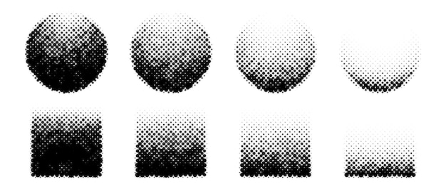 Conjunto de formas cuadradas y círculos de medios tonos Colección de esferas y cubos con textura punteada Desvanecimiento redondo