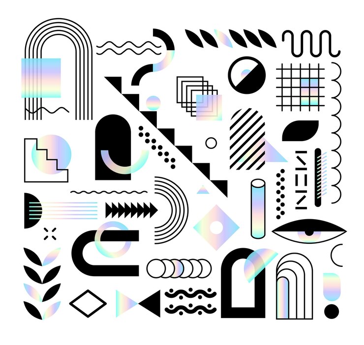 Vector conjunto de formas y elementos de diseño de moda abstractos con efecto de dispersión formas de arco iris de colores