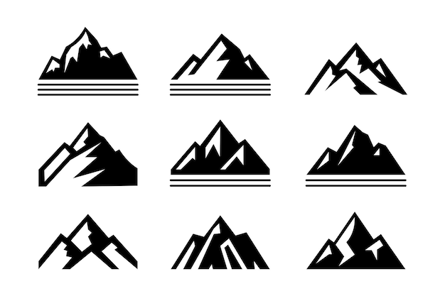 conjunto de formas y elementos vectoriales de montaña icono de silueta de picos de montaña y senderismo