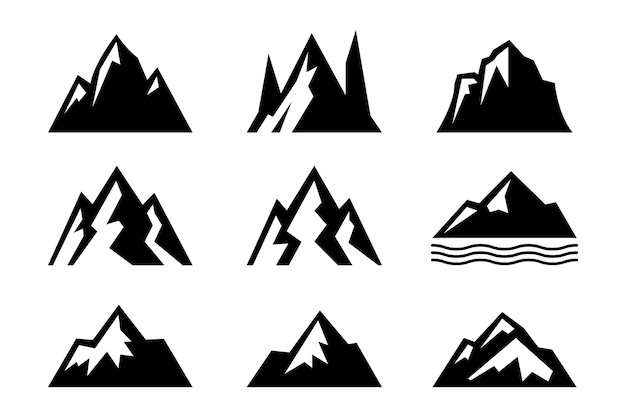 conjunto de formas y elementos vectoriales de montaña icono de silueta de picos de montaña y senderismo