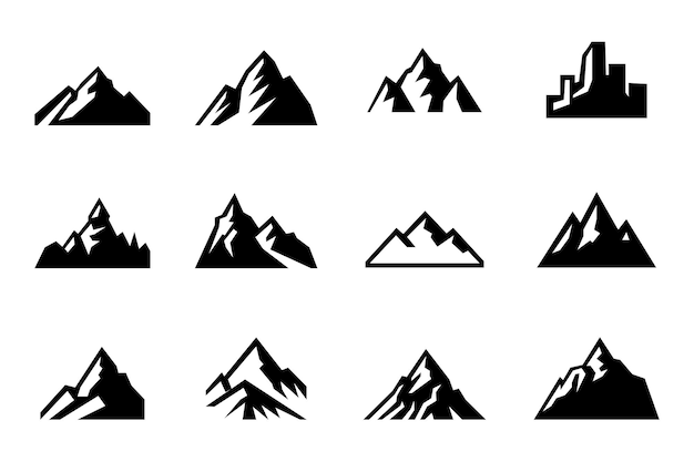 conjunto de formas y elementos vectoriales de montaña icono de silueta de picos de montaña y senderismo
