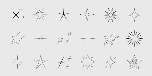 Conjunto de formas de estrellas Colección de iconos de brillo retrófuturista Conjunto vectorial de estilo Y2K