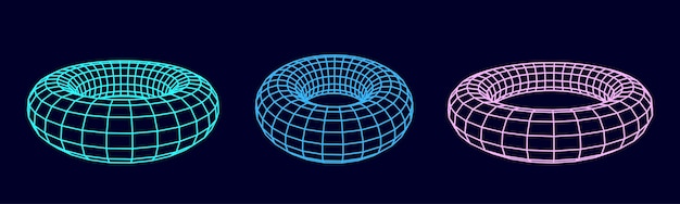 Conjunto de formas geométricas 3D de torus de marco de alambre de color Modelo aislado realista Formas isométricas vectoriales