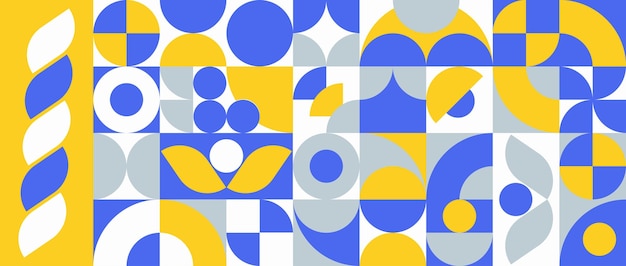 El conjunto de formas geométricas abstractas azules, amarillas, grises y blancas forma un patrón vectorial