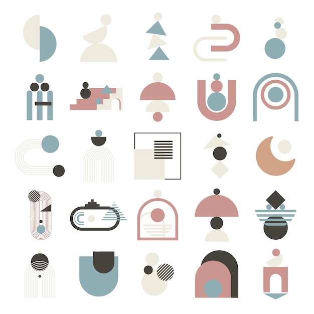 Conjunto de formas geométricas abstractas. Elementos de boho arco iris, arco, fases lunares. Rótulos para carteles, pancartas y carteles. Ilustración vectorial.