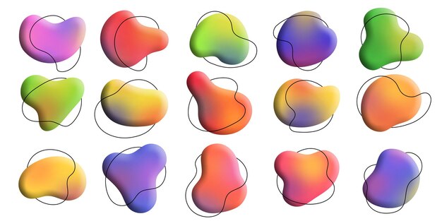 Conjunto de formas geométricas abstractas elementos multicolores sobre fondo blanco.