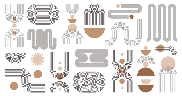 Conjunto de formas geométricas boho abstractas Diseño de línea contemporáneo de mediados de siglo con fases de sol y luna
