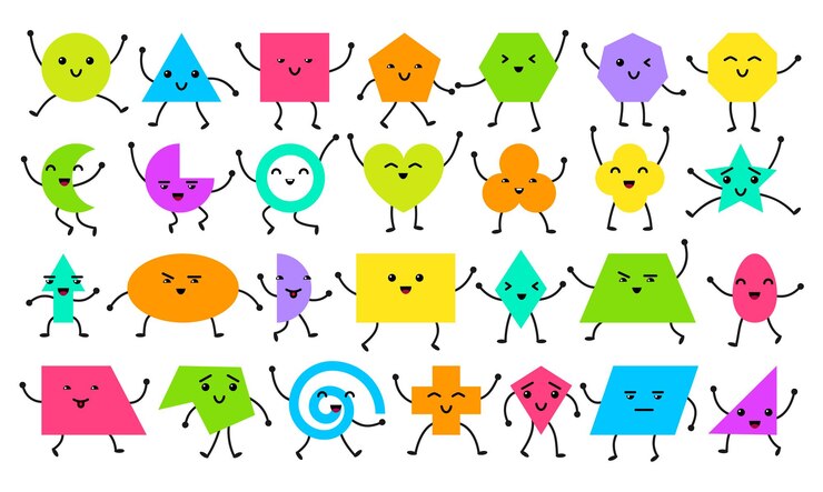 Vector conjunto de formas geométricas educativas con piernas de manos comprensión del cartel de geometría para enseñar y aprender en la escuela ilustración de formas de dibujos animados de estilo plano vectorial aislado sobre fondo blanco
