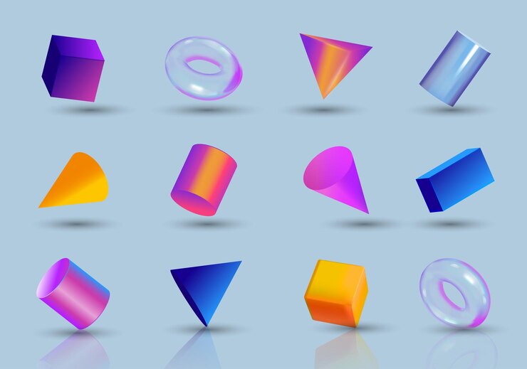 Vector conjunto de formas geométricas formas en diseño de dibujos animados 3d cilindros tori y otras formas