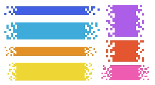 Vector conjunto de formas geométricas pixeladas en blanco rectángulo de píxeles rotos de colores fondo para el texto