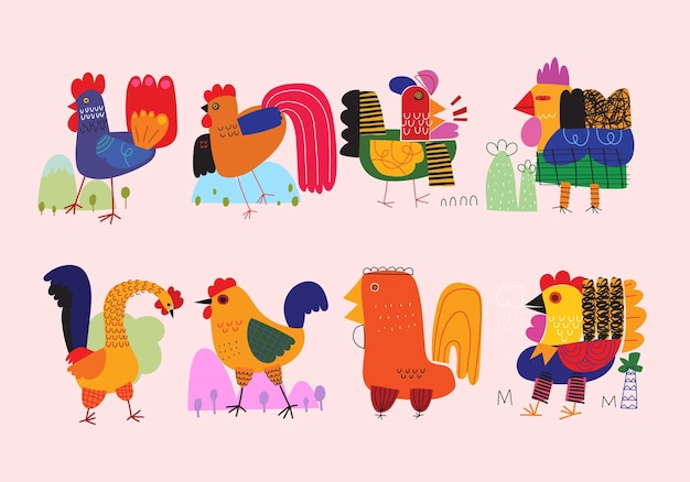 Conjunto de formas geométricas pollo gallo y gallina con ilustración vectorial floral animal de granja avícola