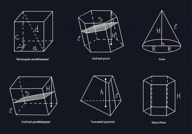 Un conjunto de formas geométricas. Rectangular paralelepípedo, paralelepípedo oblicuo, prisma recto, prisma inclinado, pirámide truncada, cono
