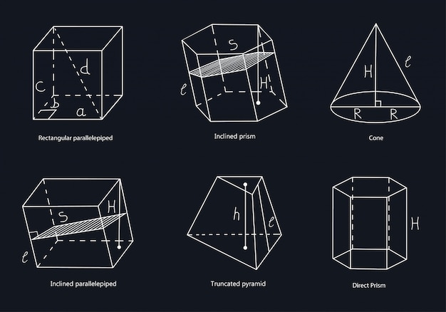 Un conjunto de formas geométricas. rectangular paralelepípedo, paralelepípedo oblicuo, prisma recto, prisma inclinado, pirámide truncada, cono