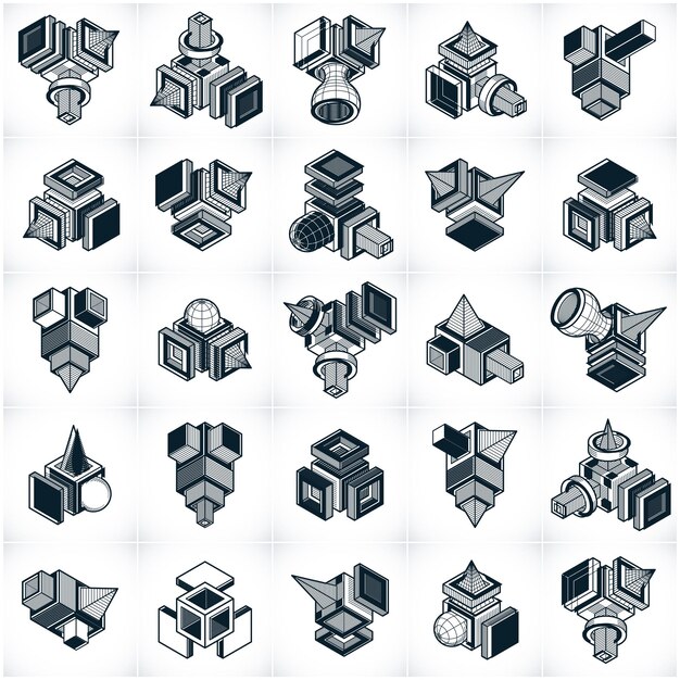 Conjunto de formas geométricas vectoriales abstractas isométricas.