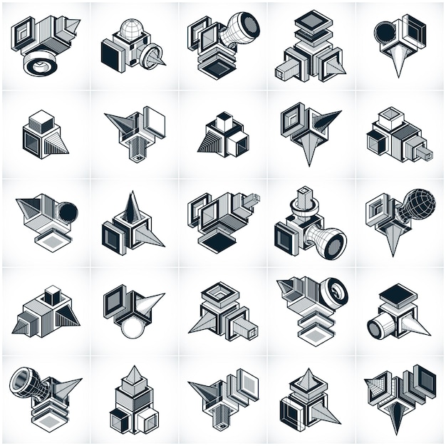 Conjunto de formas geométricas vectoriales abstractas isométricas.