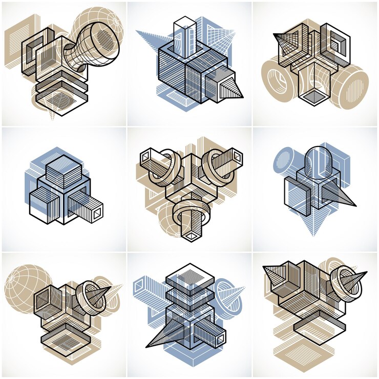 Vector conjunto de formas geométricas vectoriales abstractas isométricas.