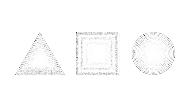Conjunto de formas granuladas punteadas. Cuadrado punteado, círculo y triángulo con degradado. Formas geométricas de ruido