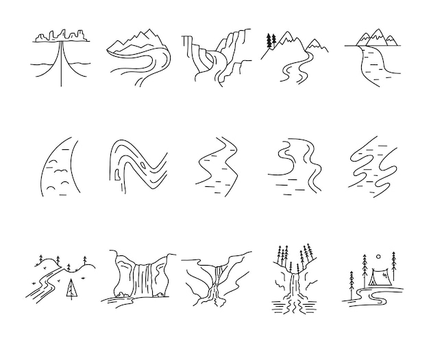 Conjunto de formas de iconos de vector simple valles, ríos y montañas. Kit de creación de logo. Paquete de elementos de arte de línea de aventura al aire libre. Concepto lineal de silueta. Colección de vectores de stock.
