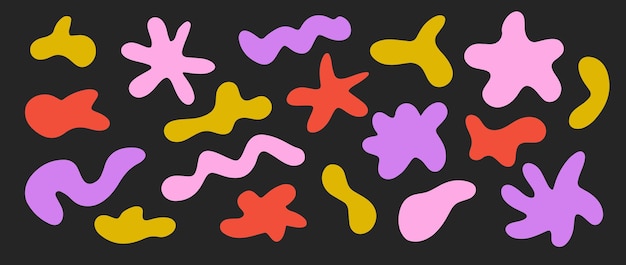 Conjunto de formas irregulares abstractas Manchas orgánicas líquidas brillantes sobre fondo oscuro Amorfo aleatorio