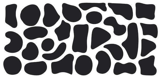 Conjunto de formas irregulares de manchas orgánicas Círculo fluido de manchas deformaciones aleatorias negras Aislado sobre fondo blanco Ameba orgánica Gotas de Doodle Elementos vectoriales retro Formas redondeadas abstractas Ilustración vectorial