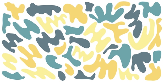 Conjunto de formas irregulares de manchas orgánicas Círculo de fluidos de manchas deformaciones aleatorias amarillas Isolado en fondo blanco Ameba orgánica Gotas de Doodle Elementos vectoriales retro Formas redondeadas abstractas Ilustración vectorial