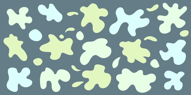 Conjunto de formas irregulares de manchas verdes deformaciones aleatorias círculo de fluidos aislados en fondo gris ameba orgánica gotas de Doodle elementos vectoriales retro formas redondeadas abstractas ilustración vectorial