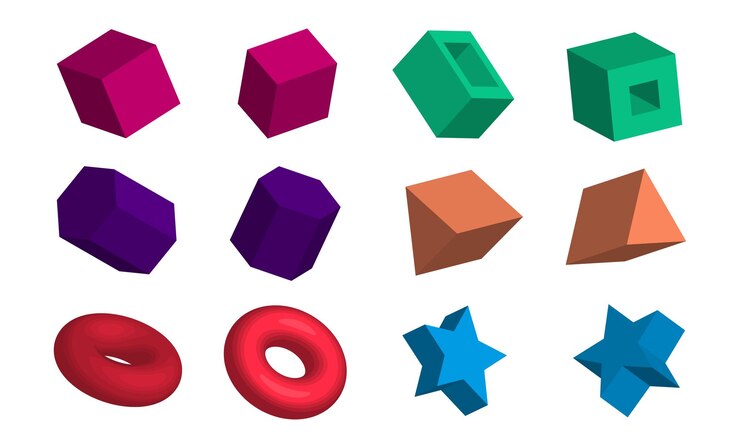 Vector conjunto de formas isométricas 3d colección de objetos geométricos coloridos para su uso en diseño gráfico ilustración vectorial aislado sobre fondo blanco