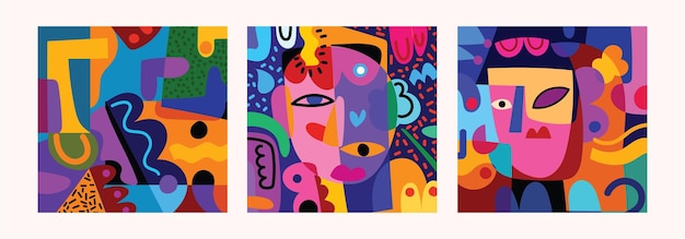 Conjunto de formas de línea de retrato de cara abstracta colorida y garabatos ilustración vectorial dibujada a mano