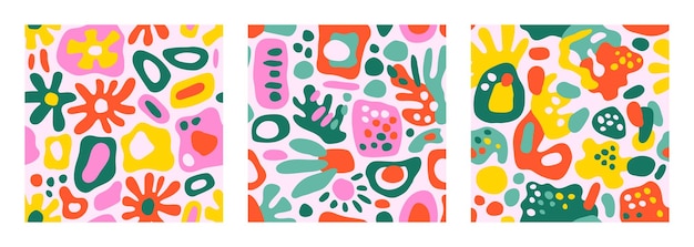 Conjunto de formas modernas lúdicas vibrantes groovy forma libre y objetos garabatos patrones vectoriales sin costuras
