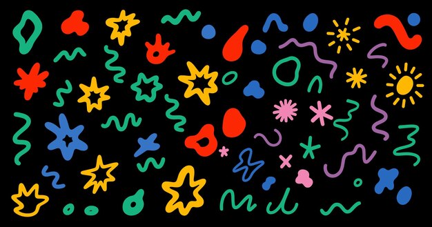 Conjunto de formas retro abstractas paquete de pegatinas vectoriales colección de formas modernas divertidas burbujas de flores bucle de estrellas en el estilo de dibujos animados de moda de los años 70 90