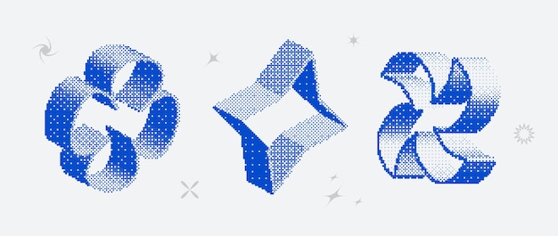 Conjunto de formas texturizadas de mapa de bits Colección de objetos de medio tono Dither Elemento de rombo de estrella de flor 3D azul