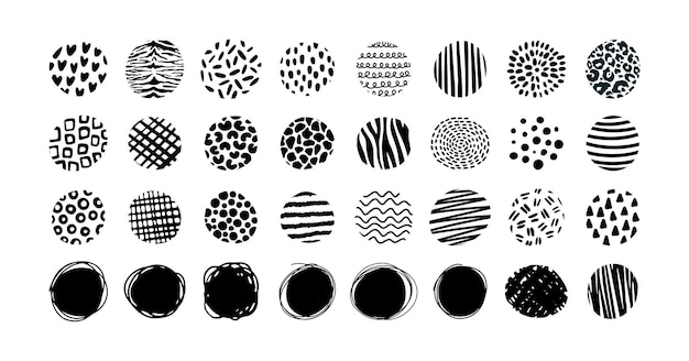 Conjunto de formas texturizadas vectoriales dibujadas a mano Manchas de garabatos de tinta mínima Patrón orgánico negro círculos de garabatos Manchas de impresión de garabatos resalta fondos Elementos de diseño de arte abstracto para web de redes sociales