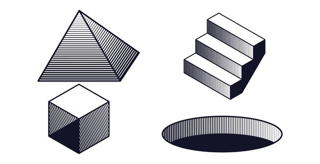 conjunto de formas, triángulo, cuadrado, escalera, cuadrado, agujero, vector rayado dibujado a mano
