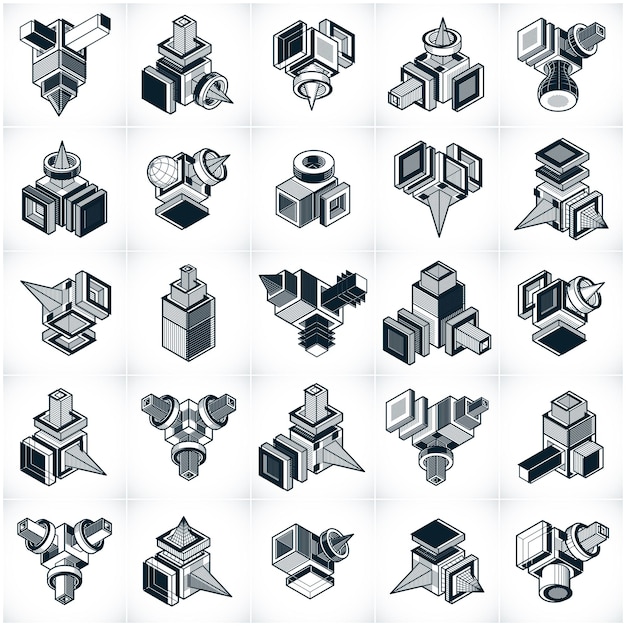 Conjunto de formas tridimensionales abstractas, diseños vectoriales.
