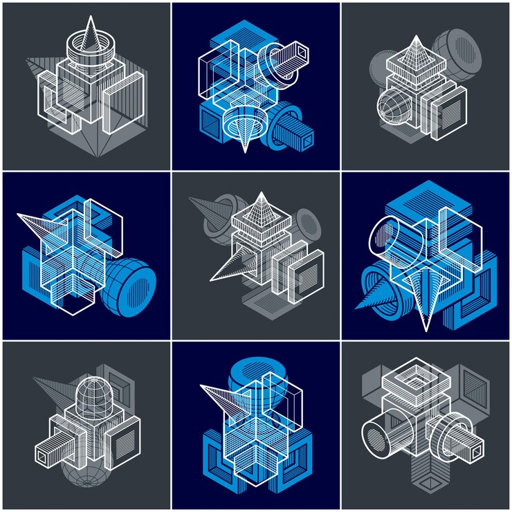 Vector conjunto de formas tridimensionales abstractas, diseños vectoriales.