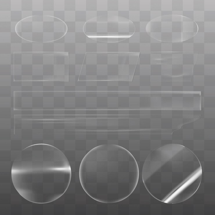 Vector conjunto de formas de vidrio transparente sobre un fondo a cuadros círculos de vidrio rectángulos y óvalos elementos de vidrio claro para el diseño texturas y reflejos de vidrio conjunto vectorial de elementos adhesivos